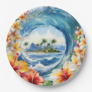 Kai Aloha Hibiscus Watercolor Wave  Paper Plate