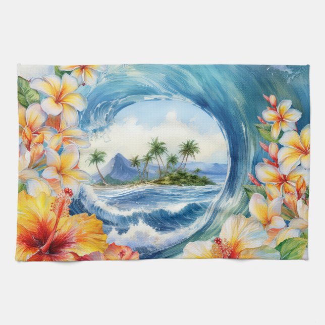 Kai Aloha Hibiscus Watercolor Wave Reversible Kitchen Towel (Horizontal)