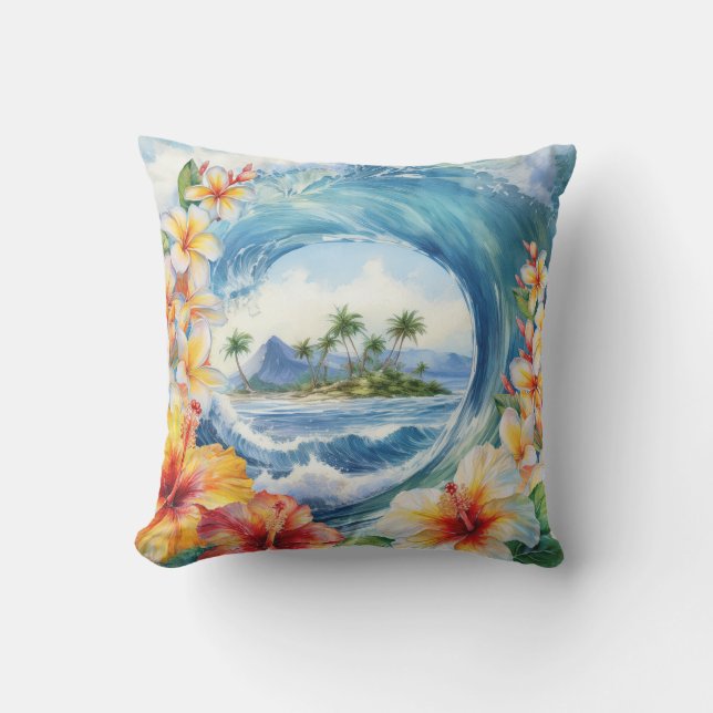 Kai Aloha Hibiscus Watercolor Wave Reversible Outdoor Pillow (Front)