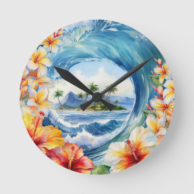 Kai Aloha Hibiscus Watercolor Wave Reversible Round Clock (Front)