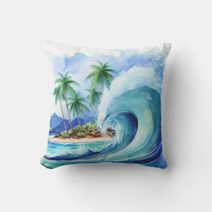 Kai Aloha Island Watercolor Wave Outdoor Pillow