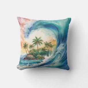 Kai Aloha Motu Watercolor Wave Outdoor Pillow