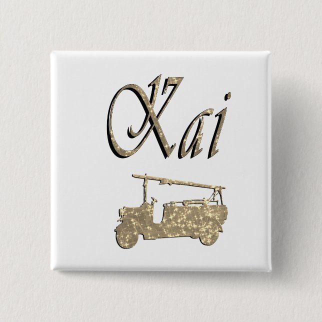 Kai Name With Fire Truck,   2 Inch Square Button (Front)