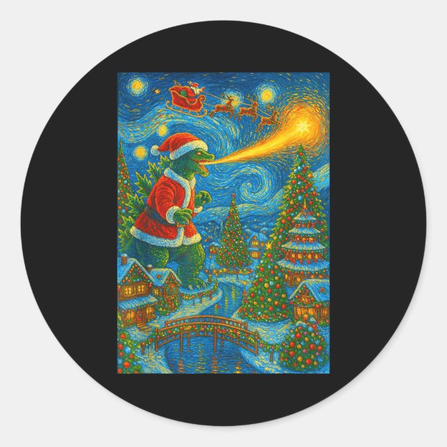 Kaiju Christmas Van Gogh Starry Night Japanese Mon Classic Round Sticker (Front)