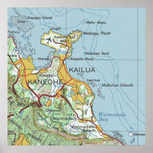 Kailua and Kaneohe Oahu Vintage Map Poster