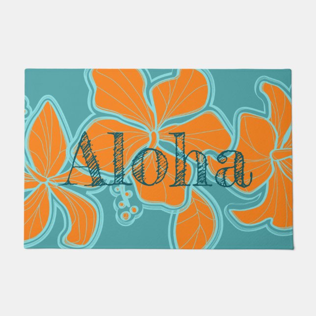 Kailua Hibiscus Hawaiian Floral Aloha Teal Doormat (Front)