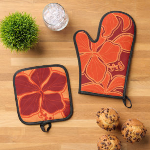 Kailua Hibiscus Hawaiian Floral Orange Red Oven Mitt & Pot Holder Set