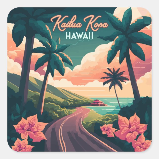 Kailua Kona Hawaii Big Island Sunset Retro Square Sticker (Front)