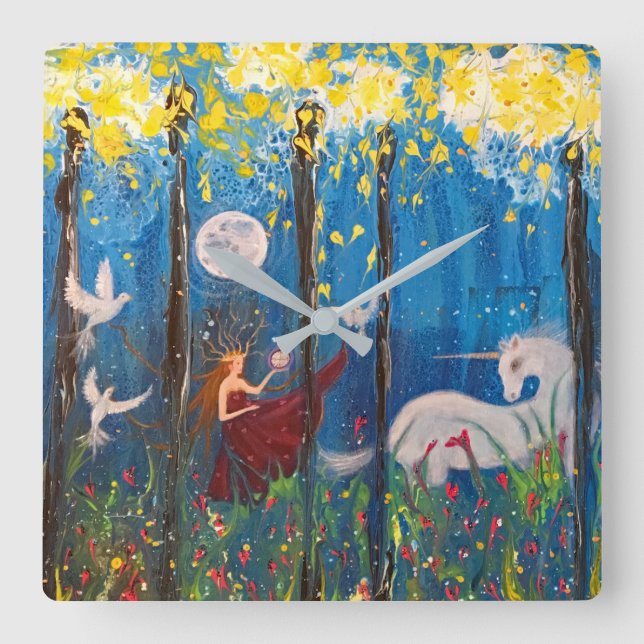 Kairos Woman and Unicorn Forest Fantasy Art Square Wall Clock (Front)