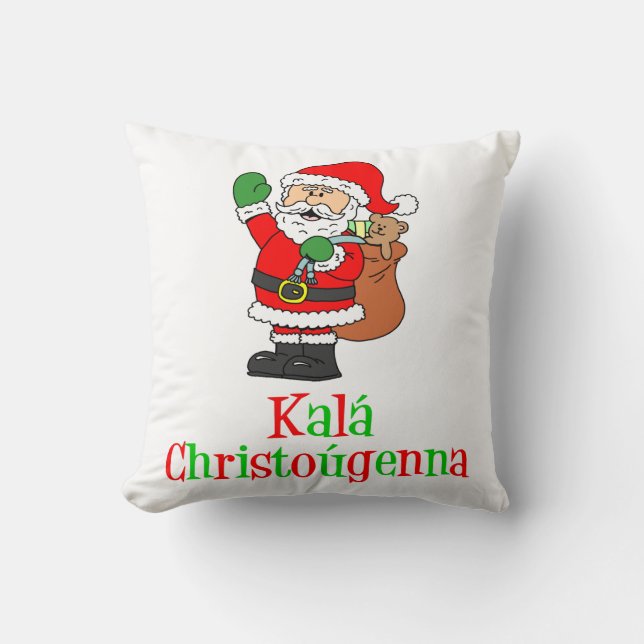 Kala Christougenna Greek Christmas Santa Throw Pillow (Front)