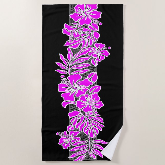 Kalaheo Hawaiian Hibiscus Floral Tapa - Fuchsia Beach Towel (Front)