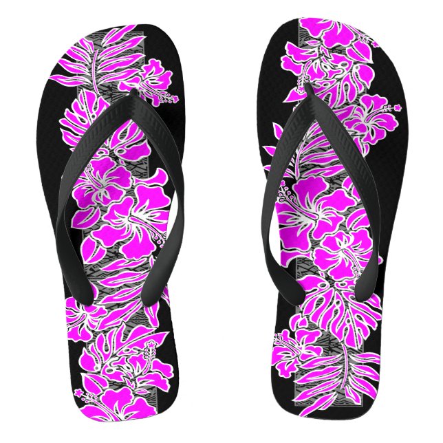Kalaheo Hawaiian Hibiscus Tapa Magenta Flip Flops (Footbed)