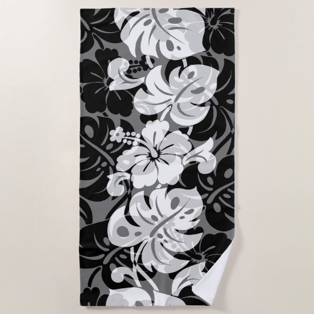 Kalakaua Border Hawaiian Hibiscus - Black Beach Towel (Front)