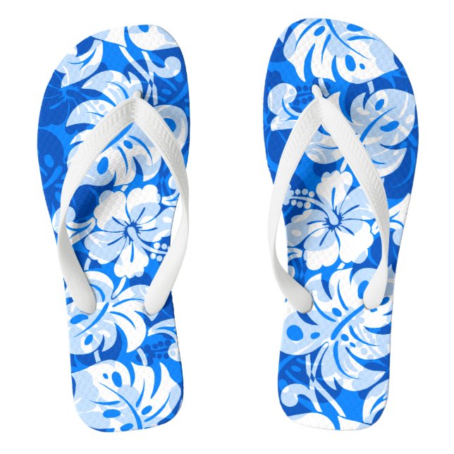 Kalakaua Border Hawaiian Hibiscus Royal Blue Flip Flops (Footbed)