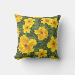 Kalalau Tapa Tropical Hawaiian Hibiscus Outdoor Pillow