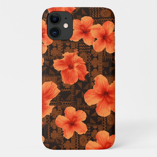 Kalalau Tapa Tropical Hawaiian Orange Hibiscus Case-Mate iPhone Case (Back)
