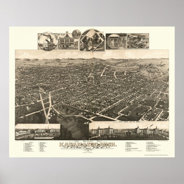 Kalamazoo, MI Panoramic Map - 1883 Poster (Front)