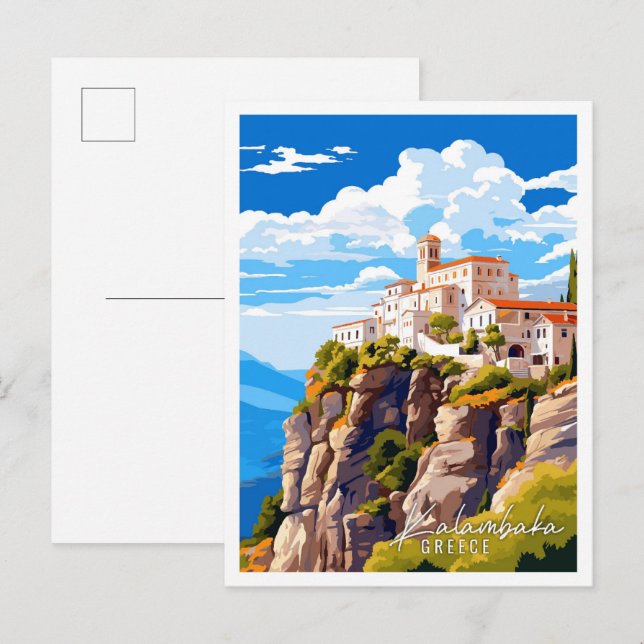 Kalambaka Greece vintage travel illustration Postcard (Front/Back)
