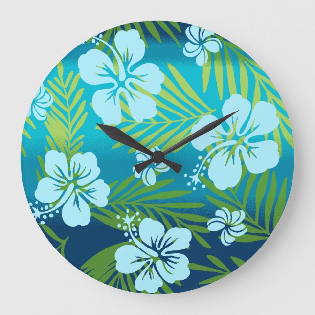 Kalani Tie Dye Blend Tropical Hibiscus - Teal Large Clock (Front)