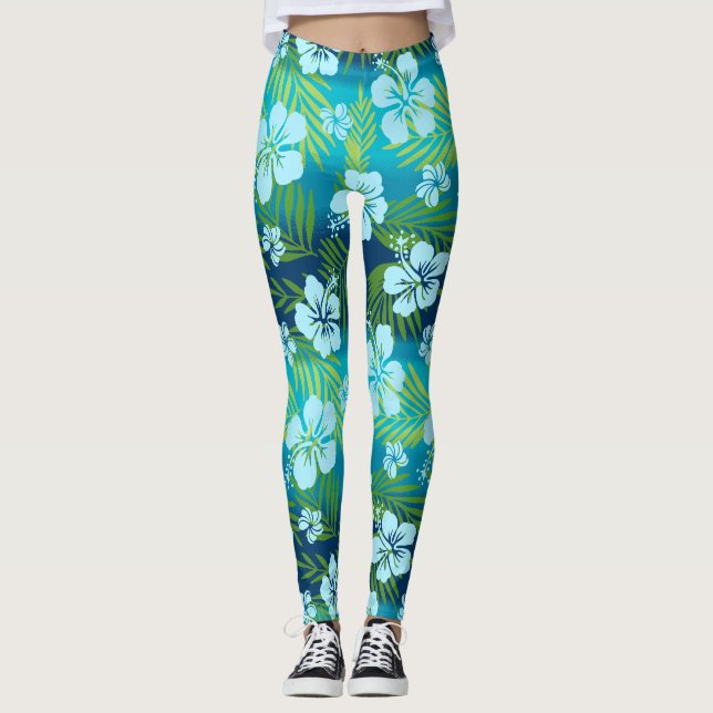 Kalani Tie Dye Blend Tropical Hibiscus - Teal Leggings (Front)