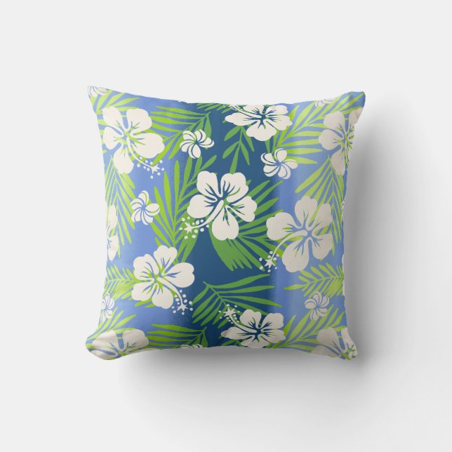 Kalani Tie Dye Tropical Hibiscus Reversible - Blue Outdoor Pillow (Front)