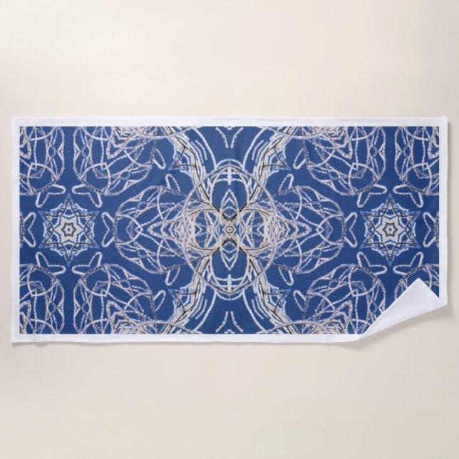 Kaleidoscope Bright Blue, White, Single Star Beach Towel (Front)