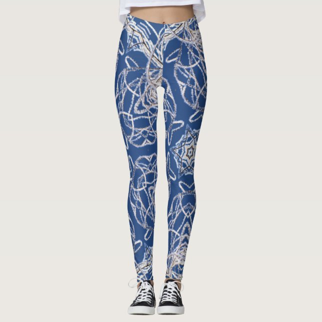 Kaleidoscope Bright Blue, White, Single Star Leggings (Front)