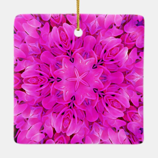 Kaleidoscope Design Hot Pink Floral Art Ceramic Ornament (Back)