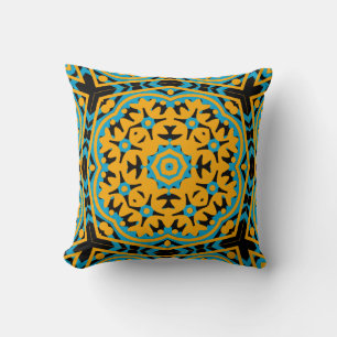 Kaleidoscope Design, Light Blue, Gold, Black Throw Pillow