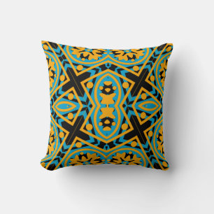 Kaleidoscope Design, Light Blue, Gold, Black Throw Pillow