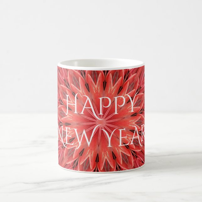 Kaleidoscope Design Red Flower Happy New Year Text Coffee Mug (Center)