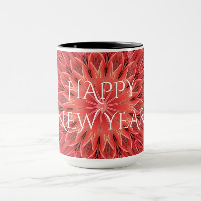Kaleidoscope Design Red Flower Happy New Year Text Mug (Center)