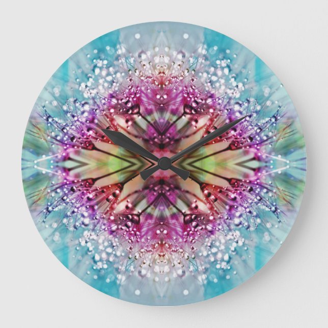 Kaleidoscope Dewdrops: Abstract Floral Art Large Clock (Front)