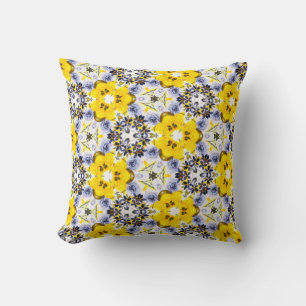 Kaleidoscope Floral in Yellow,Blue, Grey Throw Pillow