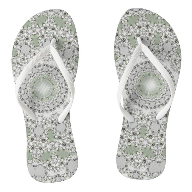 Kaleidoscope Fractal Mandala - grey green Flip Flops (Footbed)