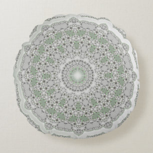 Kaleidoscope Fractal Mandala - grey green Round Pillow