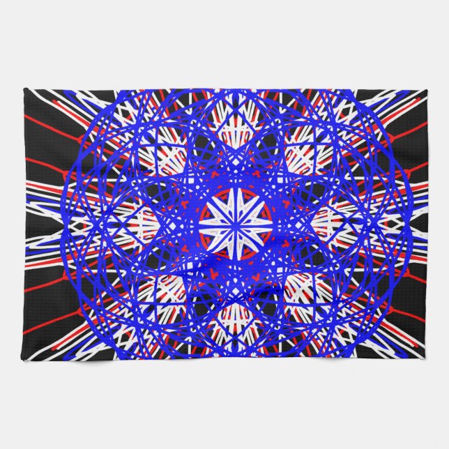 kaleidoscope mandala art black red white blue kitchen towel (Horizontal)