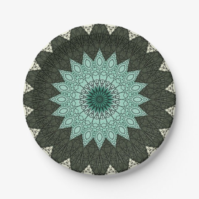 Kaleidoscope Mandala in Green and Blue Paper Plate (Front)