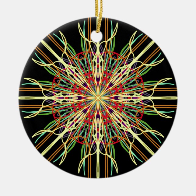 Kaleidoscope orange yellow black green blue flower ceramic ornament (Front)