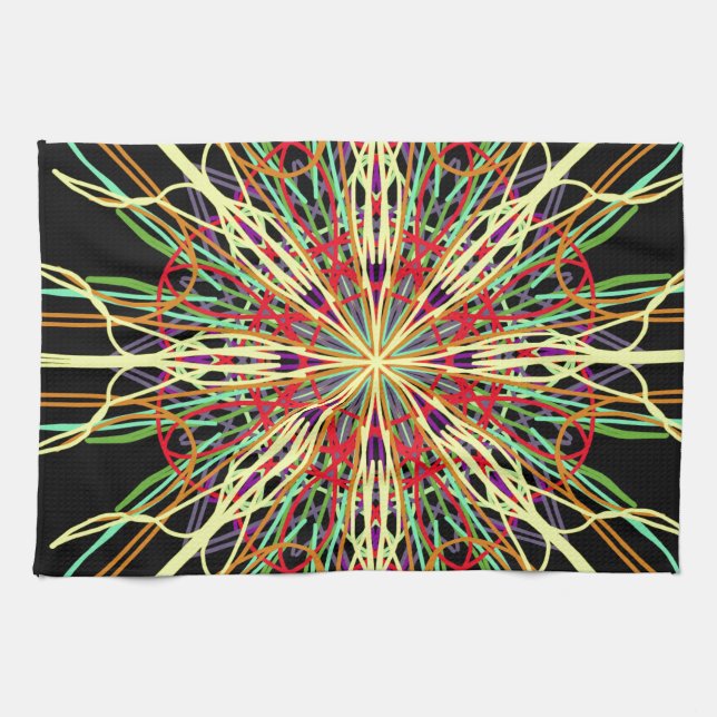 Kaleidoscope orange yellow black green blue flower kitchen towel (Horizontal)