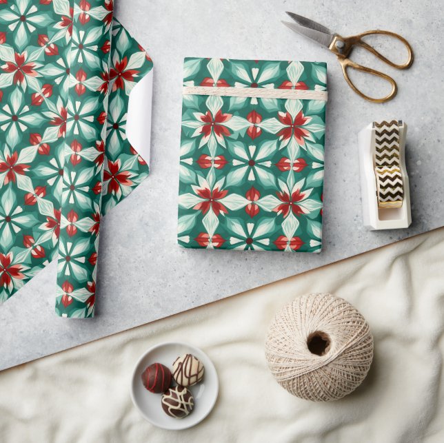 Kaleidoscope Poinsettia Green Red Pattern Gift Wrapping Paper (Crafts)