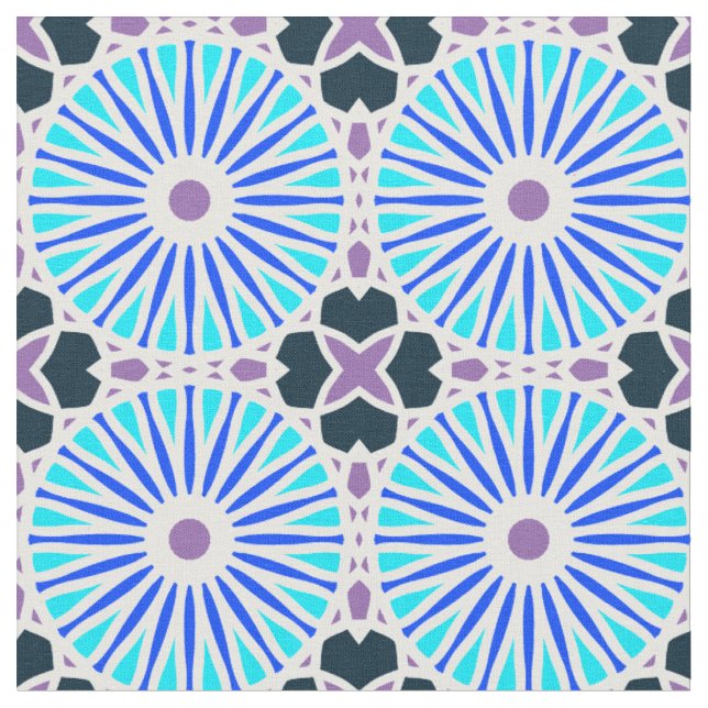 Kaleidoscope Wheel Pattern P White Blue Purple Fabric (Close Up)
