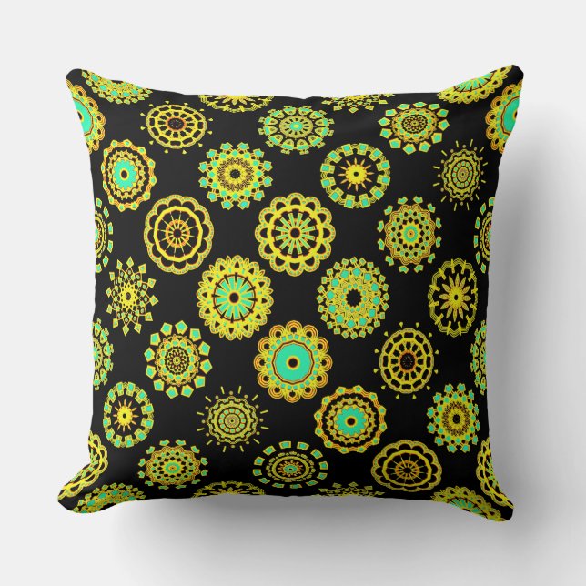 Kaleidoscopic 110714 - 16 Mandalas - on Black Throw Pillow (Front)