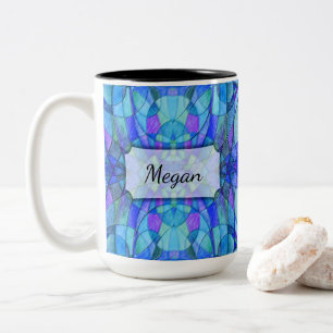 Kaleidoscopic Abstract in Blues, Personalized Two-Tone Coffee Mug