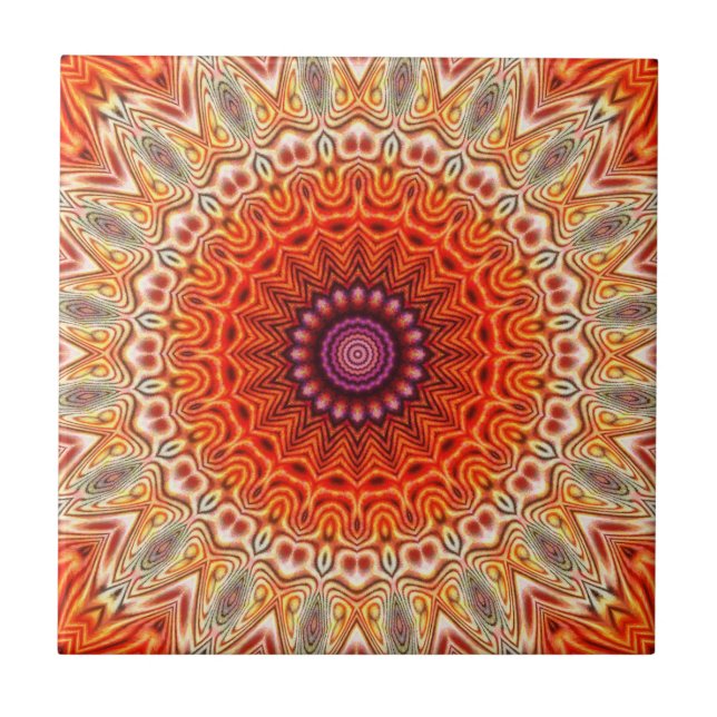 Kaleidoscopic Flower Orange And White Design Tile (Front)