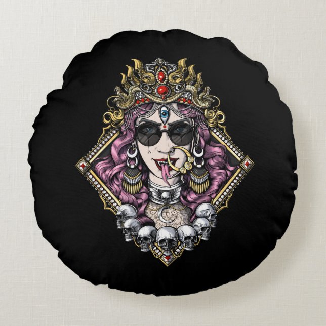 Kali Gothic Hindu Goddess Round Pillow (Front)