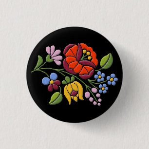 Kalocsa Embroidery - Hungarian Folk Art black bg. 1 Inch Round Button