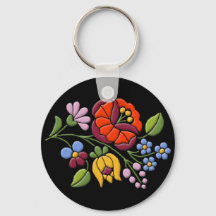Kalocsa Embroidery - Hungarian Folk Art black bg. Keychain