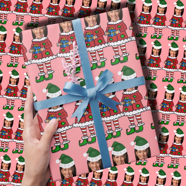 Kamala Custom Face photo Elf Christmas Funny Pink Wrapping Paper (Creator Uploaded)