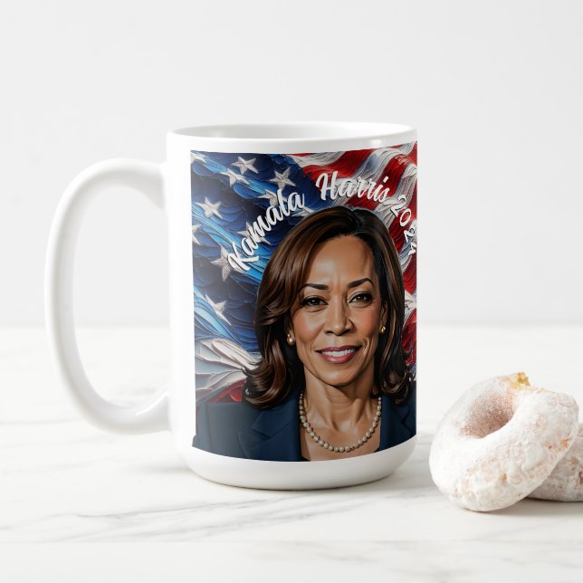  Kamala Harris 2024 and American Flag Coffee Mug (With Donut)